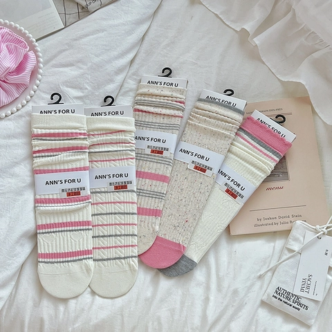 Calze Da Donna A Metà Polpaccio In Cotone A Righe Stile Preppy Dolce Motivo Cuore Fiocco Calzetteria Casual Traspirante