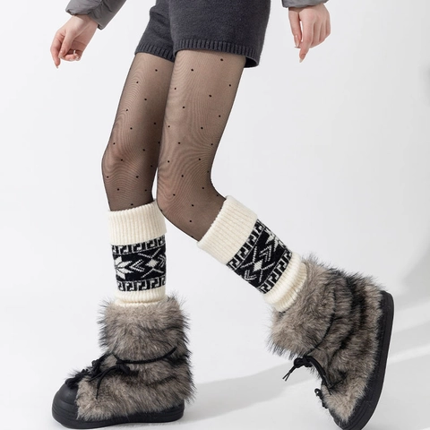 Jambières Femmes Tricotées Épaissies Chaudes Fair Isle Flocon De Neige Style Rétro Ethnique Chaussettes