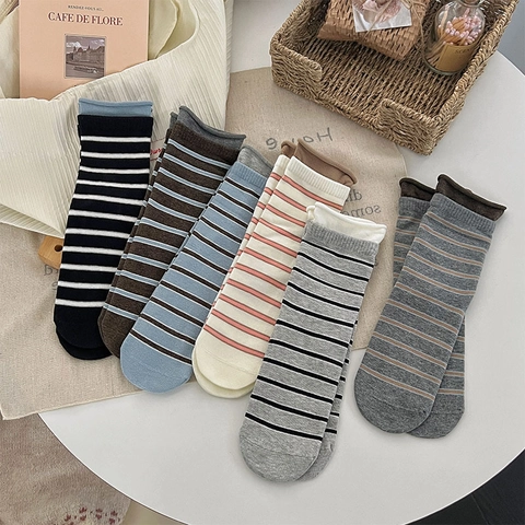 Women Cotton Knit Crew Socks Retro Striped Pattern Rolled Cuff Japanese Preppy Style Casual Breathable