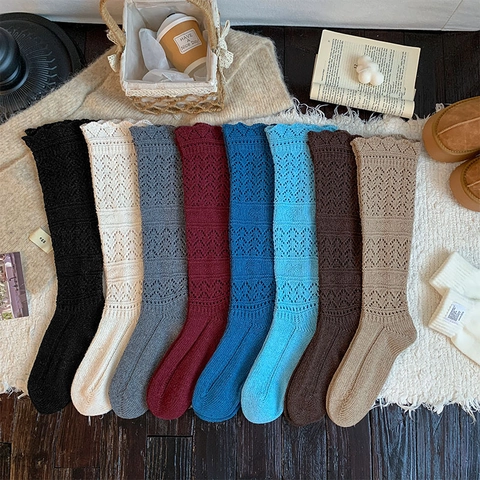 Chaussettes Hautes En Tricot Pour Femmes Pointelle Ajouré Bord Ondulé Style JK Japonais Couleur Unie Douce Rétro