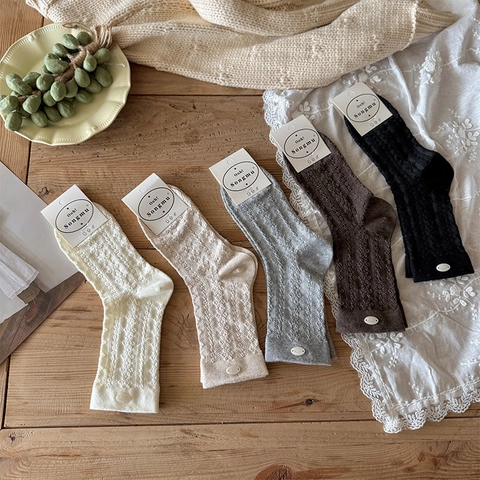 Calze Al Polpaccio In Misto Cotone Da Donna Vintage Maglia A Trecce Trama Traforata Bottone Decorativo Stile Mori
