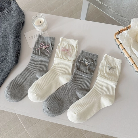 Ribbed Cotton Slouch Socks Breathable Ruffled Cuff Ballet Style Bow Heart Charm Sweet JK Style For Women