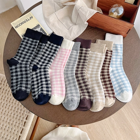 Calzini In Cotone A Quadri Da Donna Motivo A Scacchi Vintage Stile Accademico Britannico Abbigliamento Quotidiano Casual