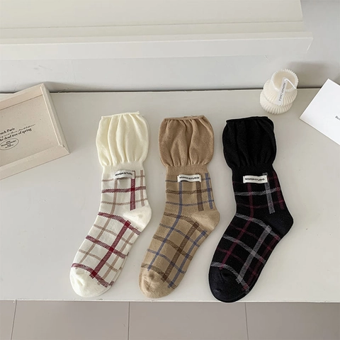 Women Mid Calf Socks Cotton Ruffle Cuff Plaid Pattern Vintage Academy Style Sweet Breathable Knit Hosiery