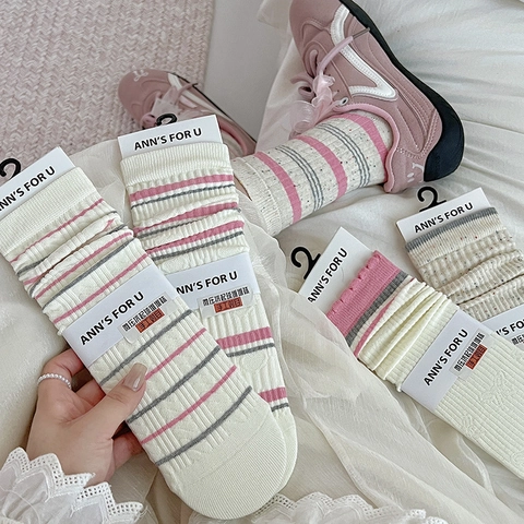 Calze Da Donna A Metà Polpaccio In Cotone A Righe Stile Preppy Dolce Motivo Cuore Fiocco Calzetteria Casual Traspirante