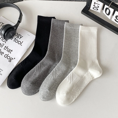 Calcetines De Media Pantorrilla Para Hombres Algodón Acanalado Transpirable Absorbente De Sudor Color Sólido Minimalista Japonés