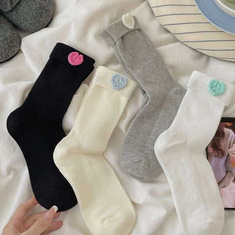 Women Cotton Ribbed Crew Socks With Crochet Heart Patch Sweet Japanese Style Turn-over Slouch Socks