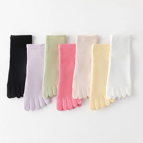 Chaussettes À Cinq Orteils Pour Femmes Coton Respirant Absorbant La Transpiration Mi-Mollet Côtelé Couleur Unie Style Japonais