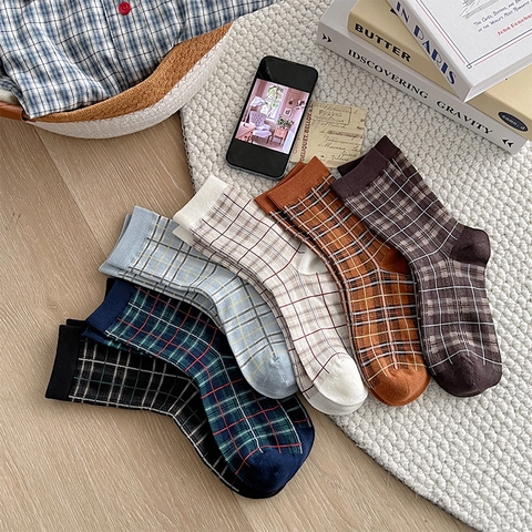 Calze Al Polpaccio A Quadri Da Donna Stile Britannico Vintage Cotone A Maglia Retrò Accademia Casual Traspirante