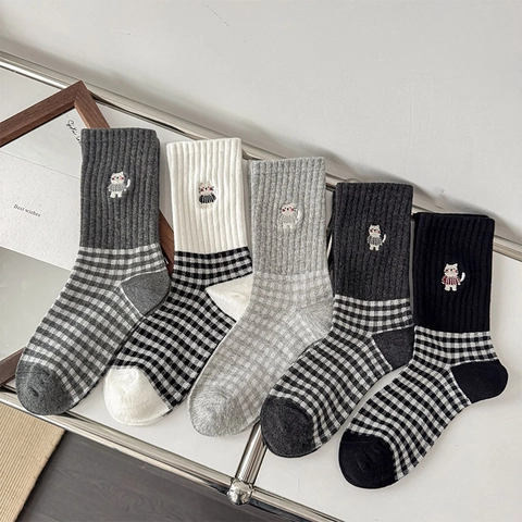 Women Cotton Crew Socks Cute Cat Embroidery Gingham Checkered Pattern Ribbed Cuff Japanese Vintage Style Fashion Novelty