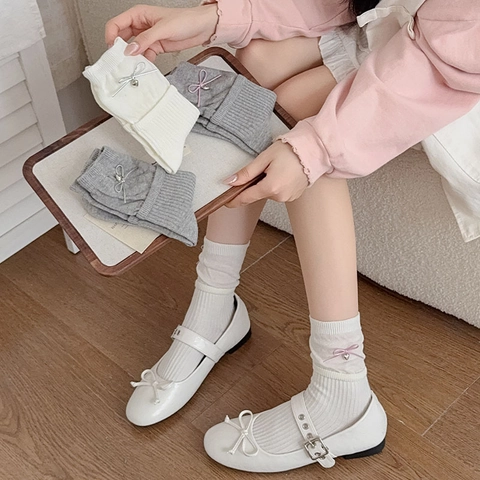 Ribbed Cotton Slouch Socks Breathable Ruffled Cuff Ballet Style Bow Heart Charm Sweet JK Style For Women
