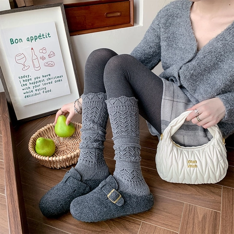 Chaussettes Hautes En Tricot Pour Femmes Pointelle Ajouré Bord Ondulé Style JK Japonais Couleur Unie Douce Rétro
