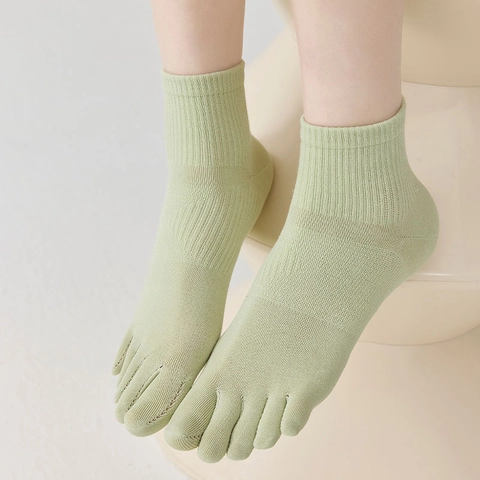 Chaussettes À Cinq Orteils Pour Femmes Coton Respirant Absorbant La Transpiration Mi-Mollet Côtelé Couleur Unie Style Japonais