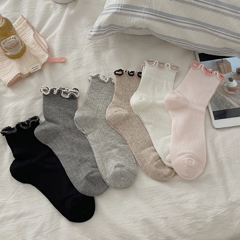 Damen Baumwollmischung Socken Mit Rüschensaat Rippenstruktur Atmungsaktiv Süß JK Preppy Style Crew Socken