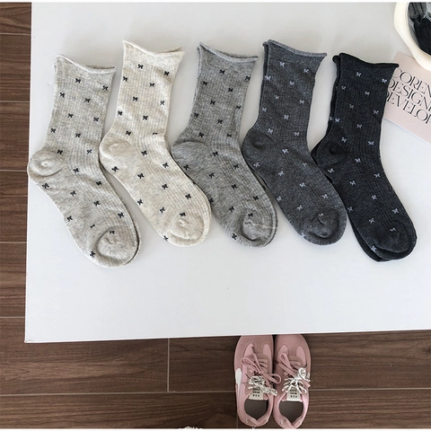 Women Cotton Blend Bowknot Crew Socks Breathable Knitted Rolled Edge Mid Calf Sweet Korean Style