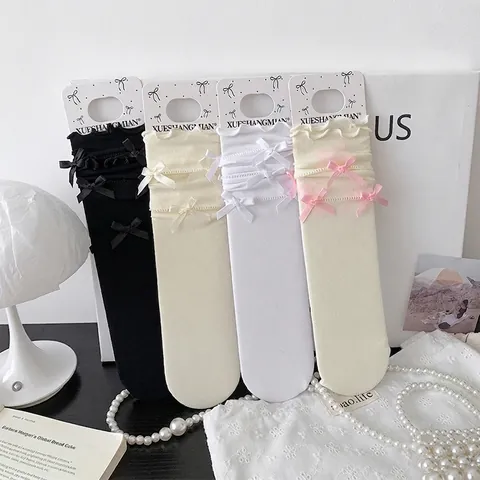 Damen Wadenhohe Socken Nylon Strick Atmungsaktiv Rüschensaum Manschette Mehrere Satinschleifen Balletcore Lolita Süß