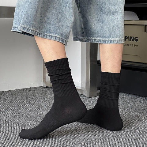 Calcetines De Media Pantorrilla Para Hombres Algodón Acanalado Transpirable Absorbente De Sudor Color Sólido Minimalista Japonés