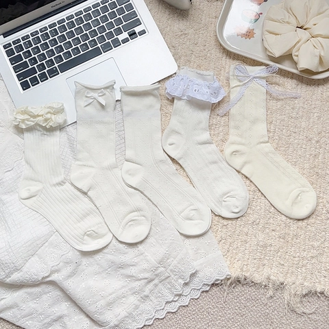 Women Lolita Lace Bow Crew Socks Breathable Cotton Mesh Ruffle Cuff Japanese Balletcore Style White Sweet