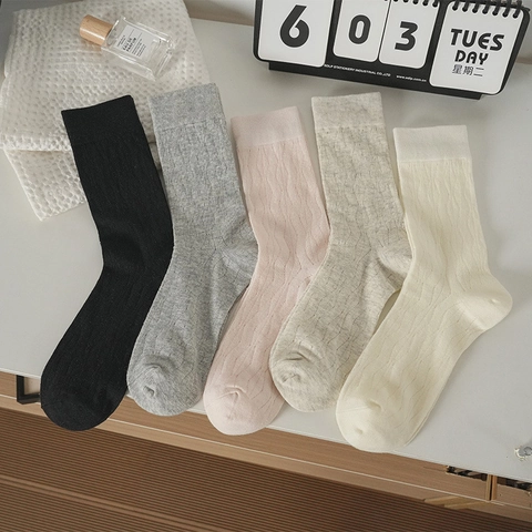 Women Japanese JK Style Slouchy Socks Cotton Blend Ribbed Breathable Hollow Solid Color Mid Tube Student Hosiery