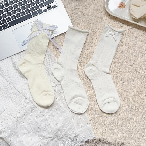 Women Lolita Lace Bow Crew Socks Breathable Cotton Mesh Ruffle Cuff Japanese Balletcore Style White Sweet