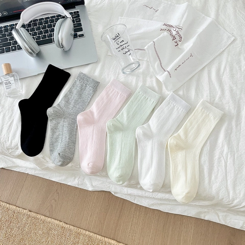 Women Mid-Calf Crew Socks Ribbed Cotton Blend Breathable Mesh Thin Vertical Stripes Japanese Style Balletcore Minimalist Soft