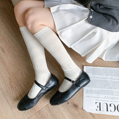 Women Cotton Blend Calf Slouch Socks Breathable Bubble Texture Japanese JK Style Solid Color High Stockings