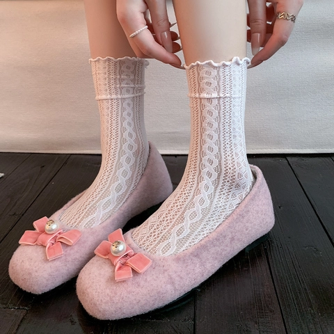 Calcetines Media Pantorrilla Mujer Encaje Calado Volante Dulce Vintage Nailon Transpirable Elegante Color Sólido