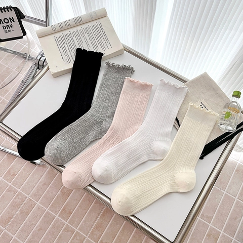 Women Crew Socks Cotton Ribbed Hollow Out Lettuce Edge Ruffle Trim Mid Calf Casual Sweet Style Breathable Accessory
