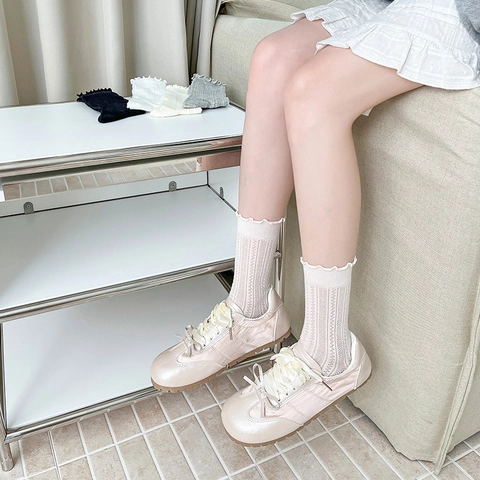 Women Crew Socks Cotton Ribbed Hollow Out Lettuce Edge Ruffle Trim Mid Calf Casual Sweet Style Breathable Accessory