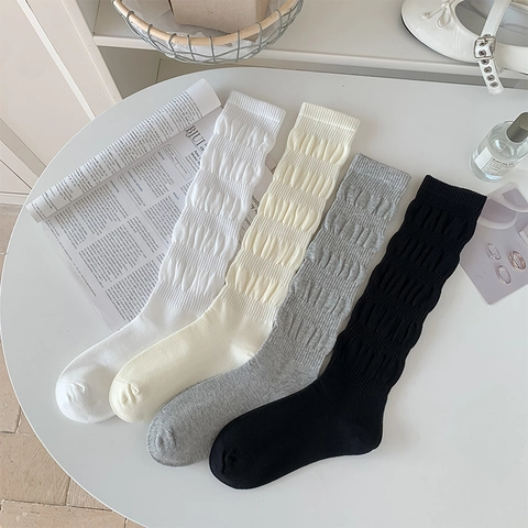 Women Cotton Blend Calf Slouch Socks Breathable Bubble Texture Japanese JK Style Solid Color High Stockings