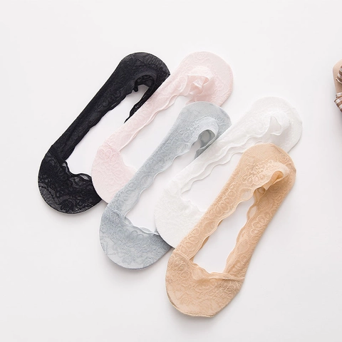 Calcetines Invisibles Mujer Encaje Corte Bajo Transpirable Silicona Antideslizante Floral Malla Fino Verano