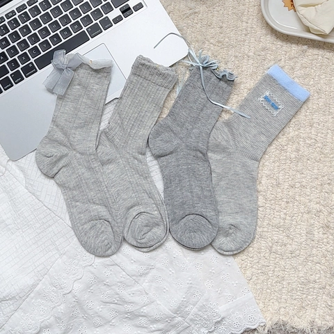 Women Crew Socks Cotton Blend Ribbed Lace Trim Ribbon Bow Ruffle Sweet Japanese Style JK Lolita Breathable Soft