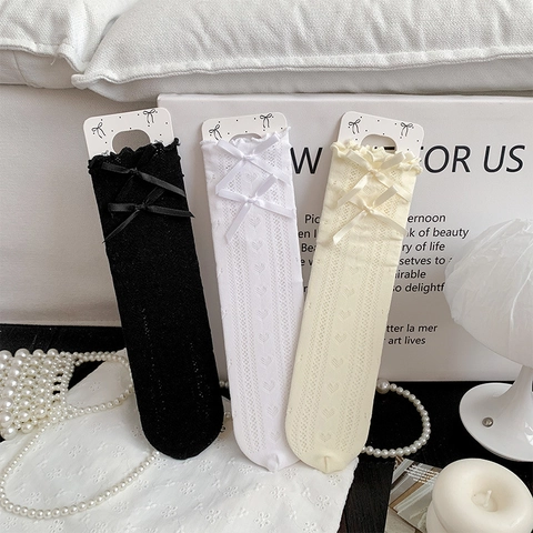 Damen Wadenhohe Socken Nylon Spitze Herz Hohl Mit Satinschleifen Süßer Lolita Stil Rüschenrand Atmungsaktiv