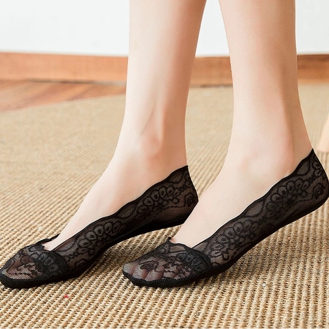 Calcetines Invisibles Mujer Encaje Corte Bajo Transpirable Silicona Antideslizante Floral Malla Fino Verano
