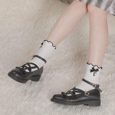 Calze Donna Cotone Con Fiocco E Perla Artificial Volant Lolita Dolce Costine Metà Polpaccio Stile Giapponese