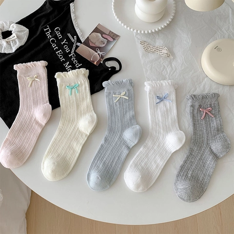 Women Crew Socks Cotton Blend Breathable Hollow Out Mesh Ruffle Trim Sweet Bow Decorative Japanese Style Accessories