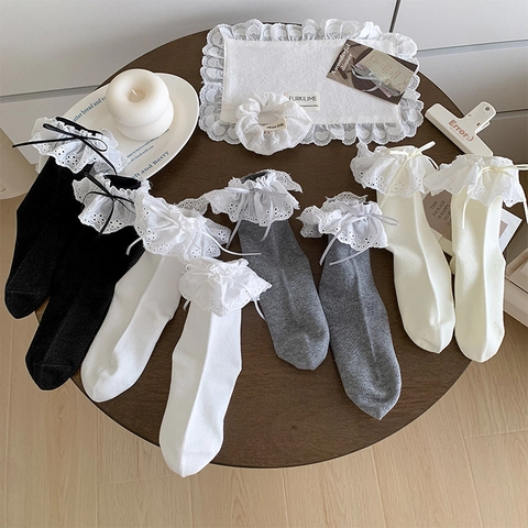 Women Mid-Calf Socks Lace Trim Bow Cotton Sweet Lolita Style Solid Color Breathable Fashion