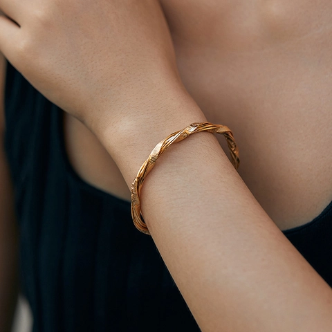 Gold Plated Brass Cuff Bracelet For Women Minimalist Twist Rope Hammered Geometric Open Bangle Fashion Jewelry Accessory