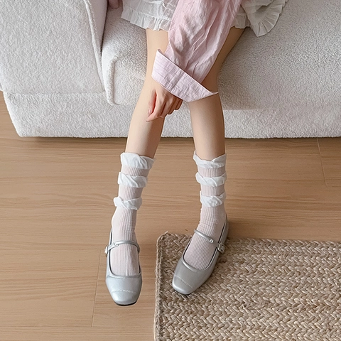 Calze Con Volant E Pizzo Da Donna Misto Cotone Maglia A Coste Stile Balletto Dolce Lolita Morbide