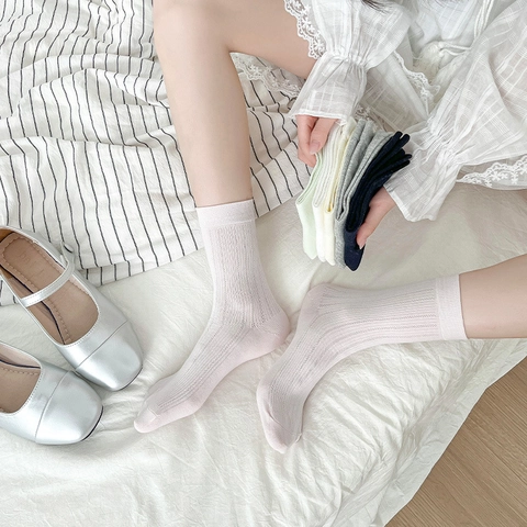 Women Mid-Calf Crew Socks Ribbed Cotton Blend Breathable Mesh Thin Vertical Stripes Japanese Style Balletcore Minimalist Soft