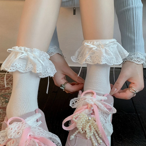 Women Cotton Crew Socks With Lace Ruffle And Bowknot Lolita Balletcore Sweet Cute Mid Calf Hosiery