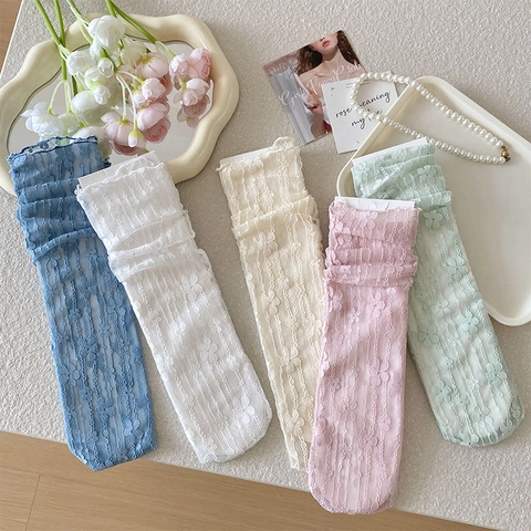 Women Lace Floral Mesh Crew Socks Sheer Breathable Ruffled Mid Tube Sweet Japanese Style Hollow Out