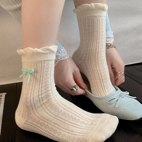 Women Crew Socks Cotton Blend Breathable Hollow Out Mesh Ruffle Trim Sweet Bow Decorative Japanese Style Accessories