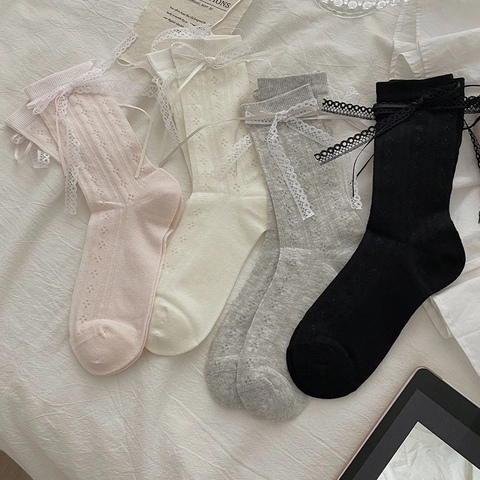 Süße Lolita Wadenhohe Socken Baumwolle Hohlnetz Atmungsaktiv Spitze Schleife Japanischer JK Stil Damen Hübsches Accessoire
