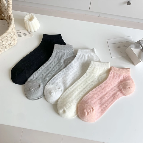 Women Mesh Hollow Out Ankle Socks Breathable Cotton Blend Summer Casual Japanese Style Solid Color Soft Lightweight