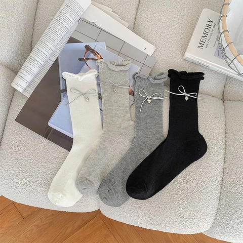 Chaussettes Mi-Hautes Femme Coton Tricot Côtes Bordure Volantée Noeud Ruban Pendentif Coeur Style Balletcore Respirant