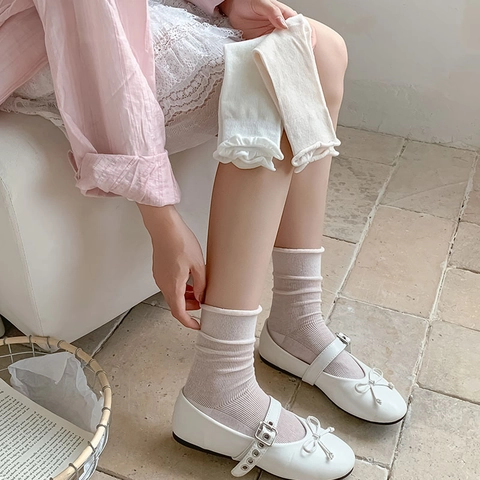 Calcetines De Media Caña Para Mujer Algodón Acanalado Transpirable Color Liso Borde De Lechuga Estilo Japonés