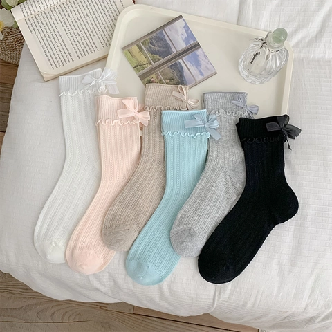 Damen Baumwolle Crew Socken Gerippt Mittelhoch Süß Japanischer Stil Mit Schleife Wellenkante Lolita JK Kleidung