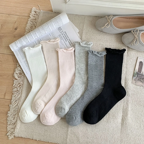 Calcetines De Media Caña Para Mujer Algodón Acanalado Transpirable Color Liso Borde De Lechuga Estilo Japonés