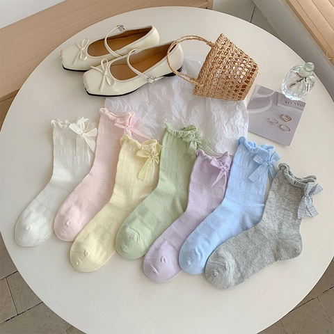 Süße Schleife Crew Socken Baumwolle Atmungsaktiv Hohl Netz Rüschenrand JK Stil Für Damen Mädchen